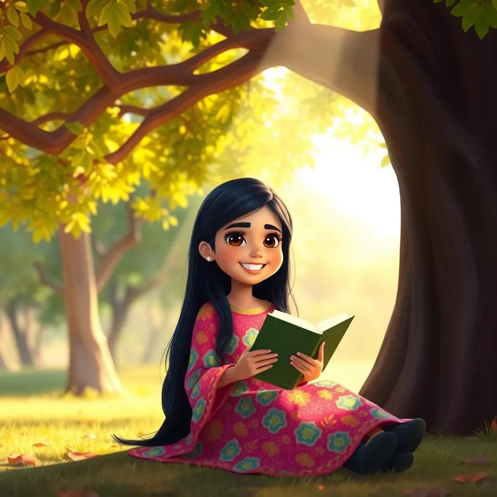 A young Arab girl, Leila, with long black hair wearing a colorful dress, sitting under a large tree with sunlight streaming down, holding a book and smiling, cheerful atmosphere, digital art, vibrant colors, warm light, storytelling perspective