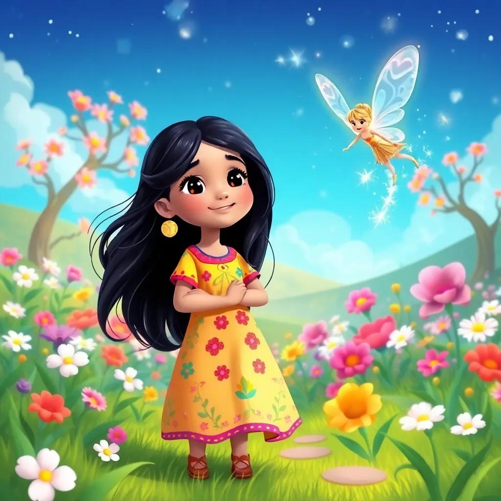 Leila, a young Arab girl with long black hair in a colorful dress, standing in a magical land surrounded by blooming flowers and dancing trees, with a sparkling fairy greeting her, joyful and enchanting scene, illustration, bright colors, child-friendly