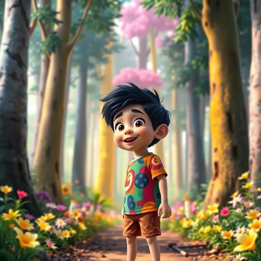 A curious young boy, Ali, with short black hair wearing a colorful shirt and shorts, looking excited at the entrance of a magical forest filled with tall, colorful trees and bright flowers, digital art, vibrant colors, cheerful atmosphere, high quality
