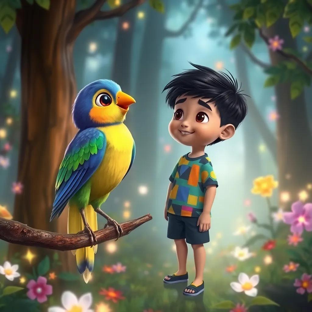A colorful bird named Zain, perched on a branch, with feathers in shades of blue, green, and yellow, talking to Ali, a young boy with short black hair wearing a colorful shirt and shorts, in a magical forest surrounded by dazzling flowers and glowing lights, illustration, enchanting, child-friendly, high quality