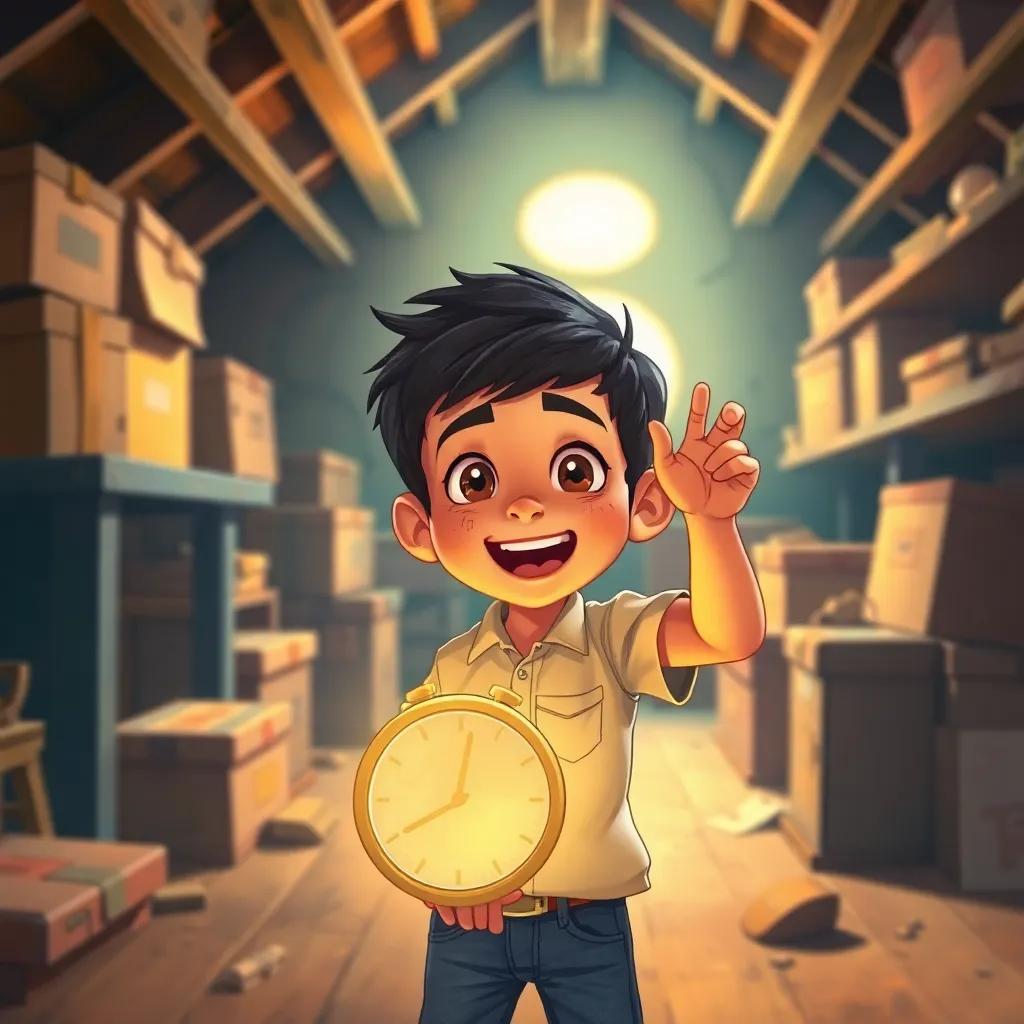 A young Arabic boy, Sami, with short black hair wearing a simple shirt and jeans, excitedly discovering a strange shiny time device in an attic with dusty boxes, illustration, colorful, warm light, magical atmosphere, children's style, vivid colors