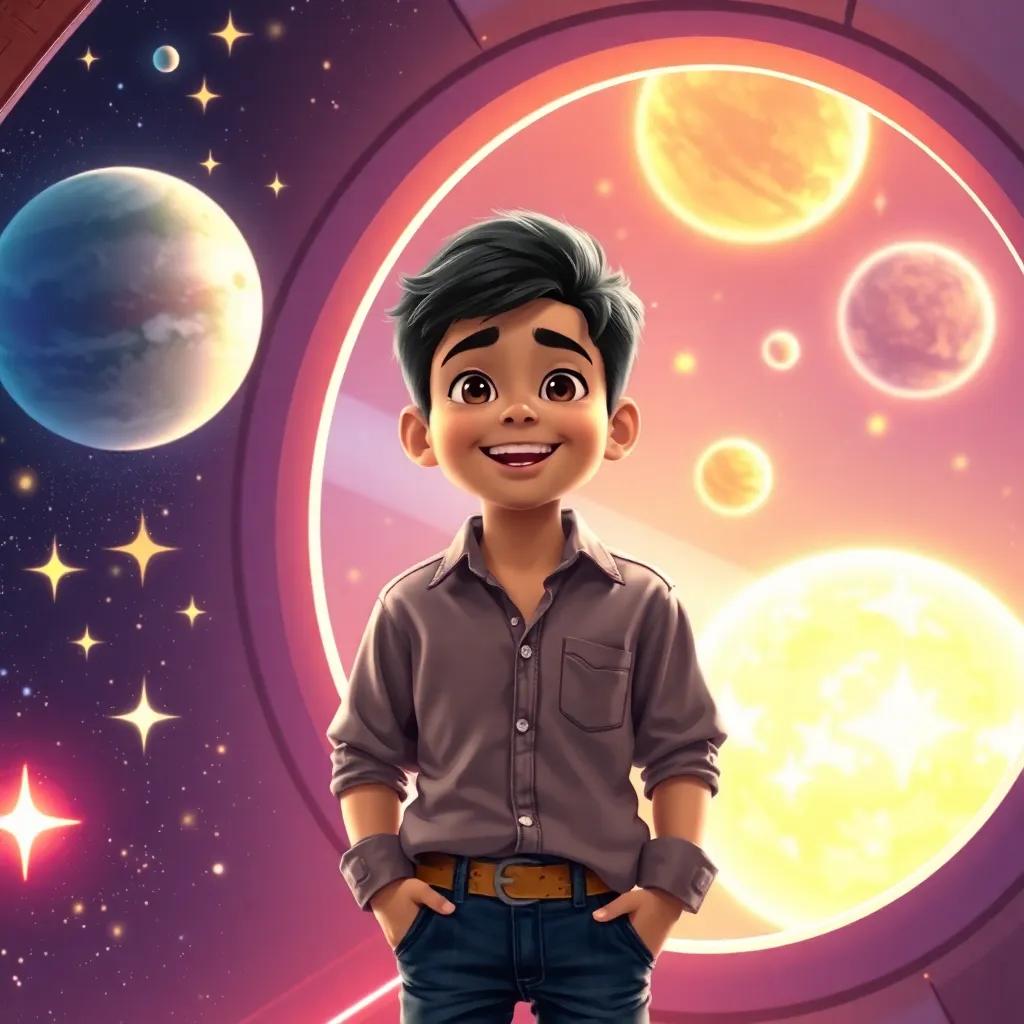 Sami, a young Arabic boy with short black hair in a shirt and jeans, stands in a glowing spaceship surrounded by shining stars and planets, joyful expression, digital painting, bright colors, sci-fi theme, high quality