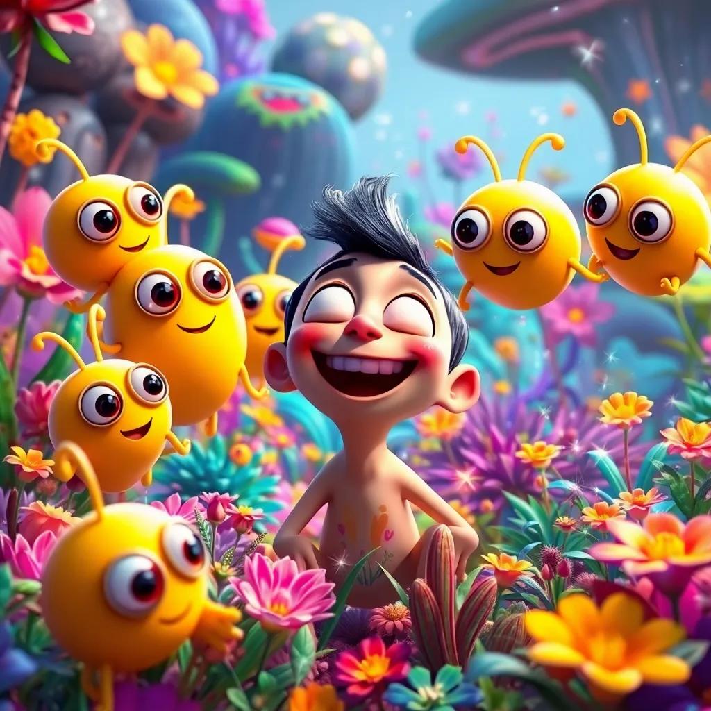 Funny yellow creatures with big eyes surround Sami, who is laughing, in a vibrant alien landscape full of colorful plants and sparkling colors, lively scene, digital art, cheerful atmosphere, high detail