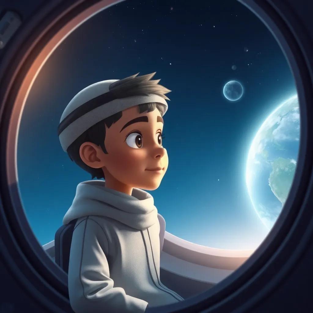 Sami, a young Arabic boy in a spaceship, feeling nostalgic while looking at a distant Earth from the spaceship window, soft light, thought-provoking background, emotional, children’s art style, heartwarming