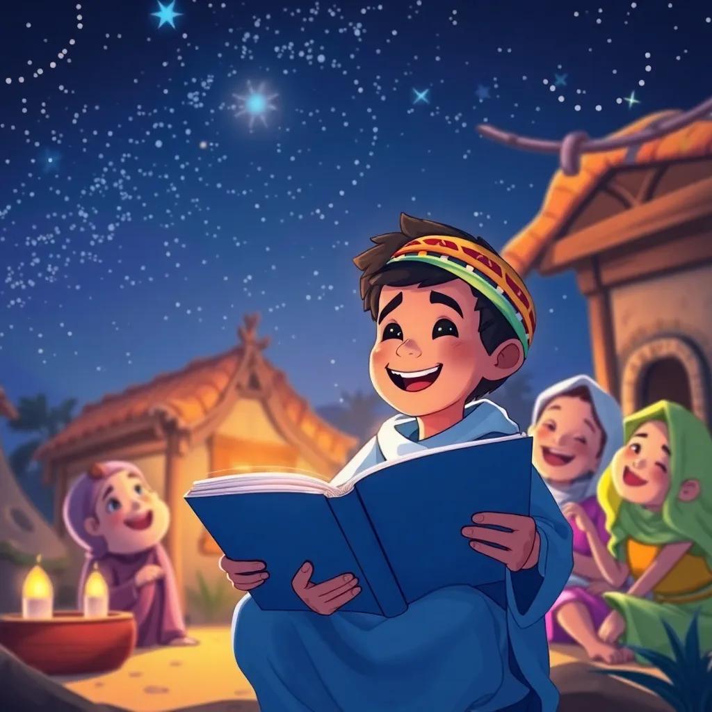 Sami, a young Arabic boy, joyfully sharing stories about his space adventure with friends in the village, under a night sky filled with stars, warm light, friendly gathering, cheerful setting, colorful illustration