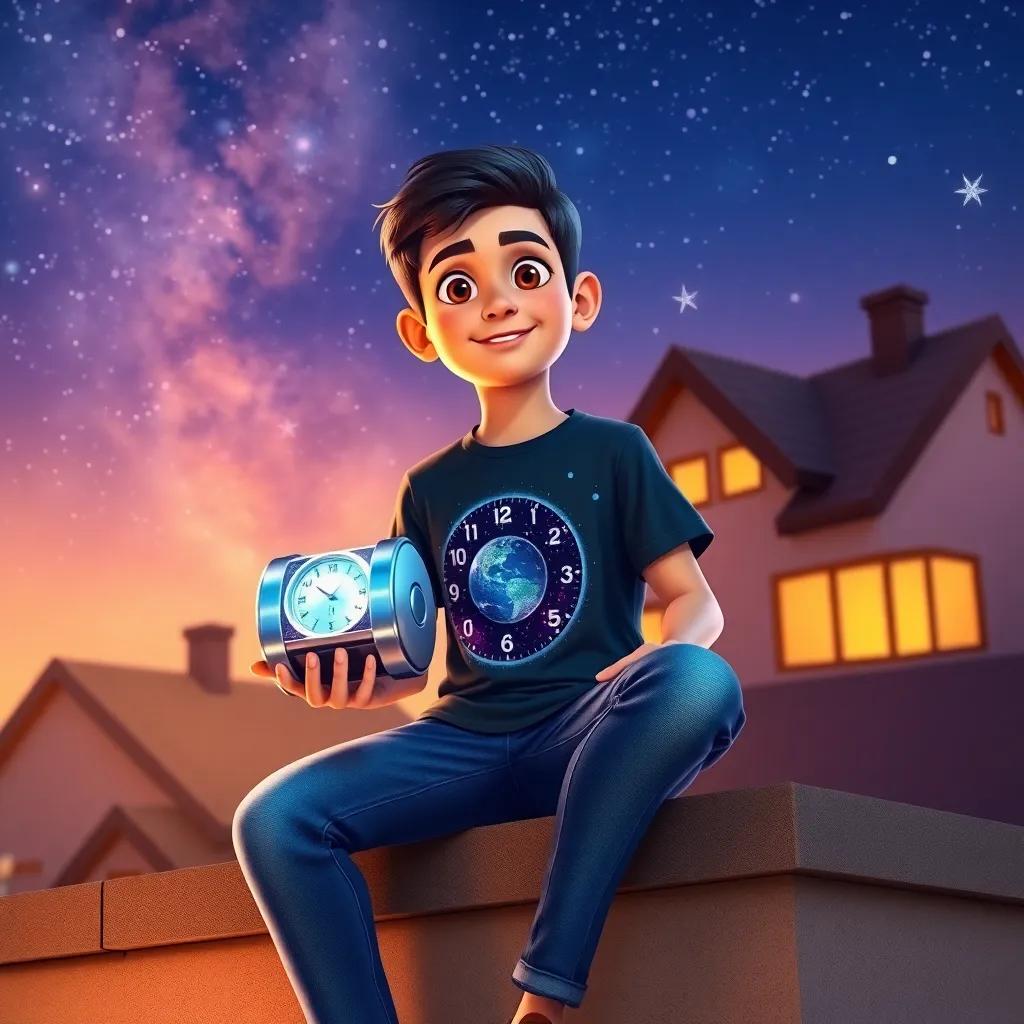 A young Arab boy, Sami, with short dark hair, wearing a space-themed t-shirt and jeans, sitting on the rooftop of a house under a starry sky, holding a shiny time machine device, digital art, vibrant colors, dreamy atmosphere, high quality