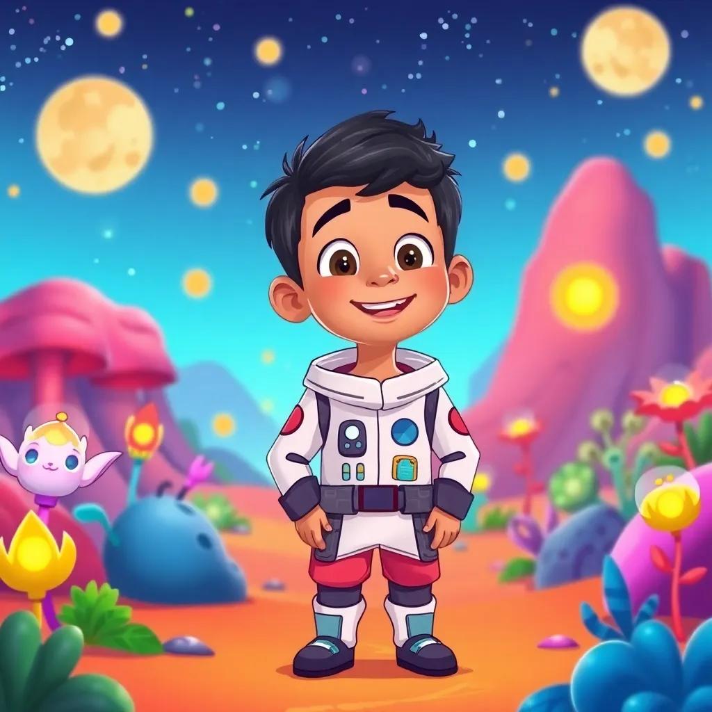 Sami, a young Arab boy, with short dark hair, wearing a space-themed outfit, standing on a colorful alien planet with strange plants and glowing creatures, smiling in wonder, illustration, cheerful, adventure-themed, child-friendly