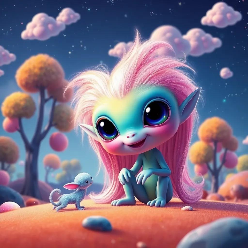 A colorful alien creature, ZO, with large eyes and shimmering long hair, playing with Sami on the alien planet, surrounded by bright trees and floating candy clouds, joyful and magical, digital painting, vibrant colors, kid-friendly