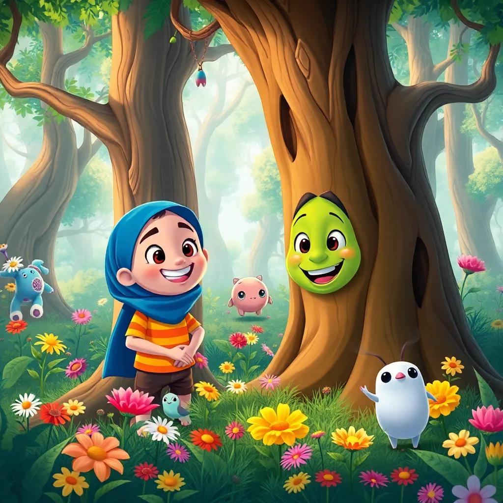 Sami and ZO discovering talking trees, with big smiles, in a lush forest filled with colorful flowers and unique creatures, enchanting and whimsical, illustration, bright colors, child-friendly