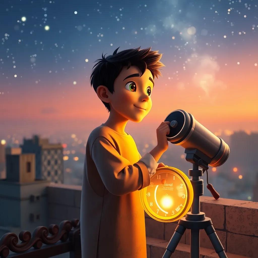 Sami, a young Arab boy with short dark hair, standing on a rooftop, looking through a telescope at the stars, with a glowing time machine beside him, heartwarming, rich colors, dreamy imagery