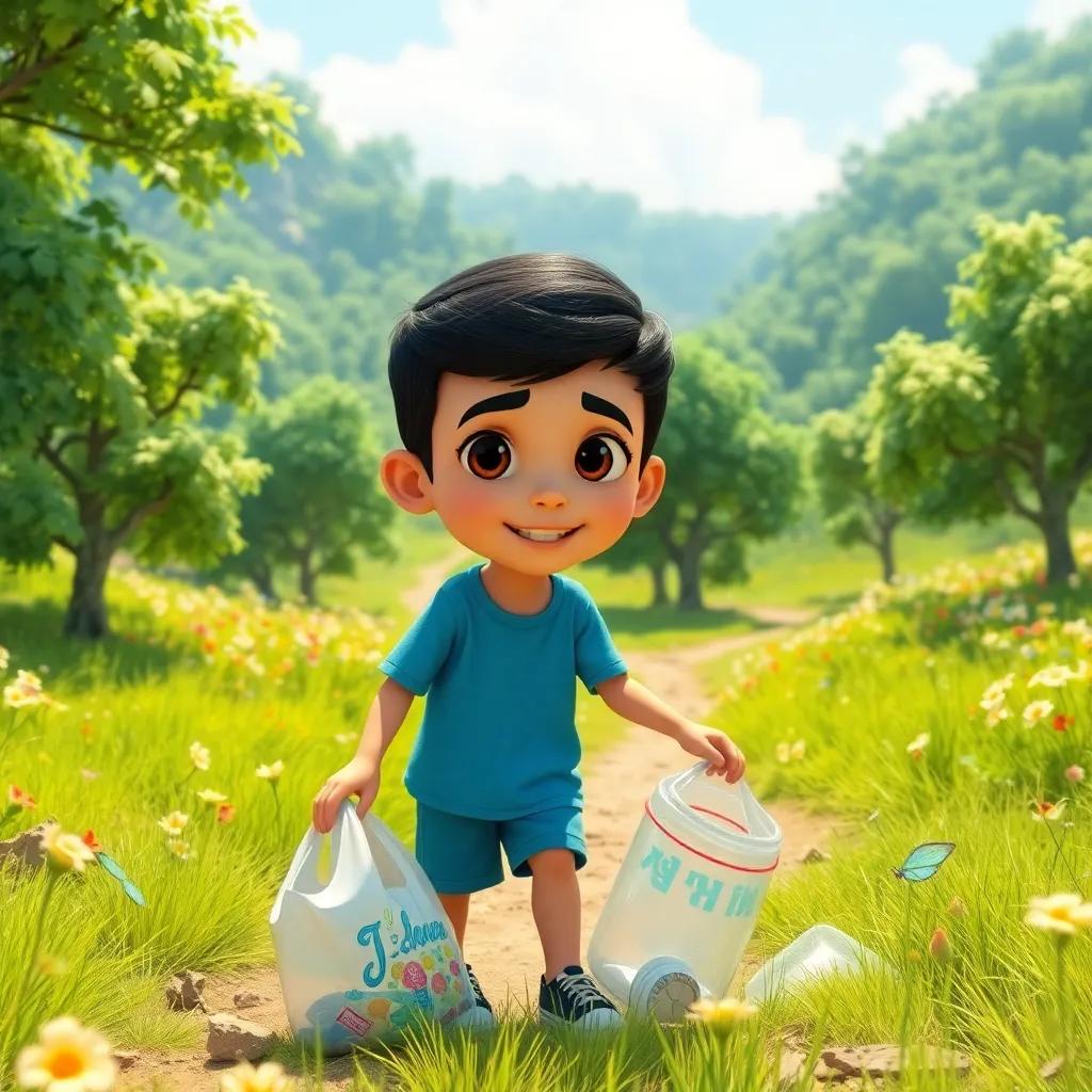 Somer, a young Arab boy with short black hair, wearing a blue t-shirt and shorts, throwing trash on the ground in a lush green valley filled with trees and flowers, bright sunlight, cheerful atmosphere, engaging scenery
