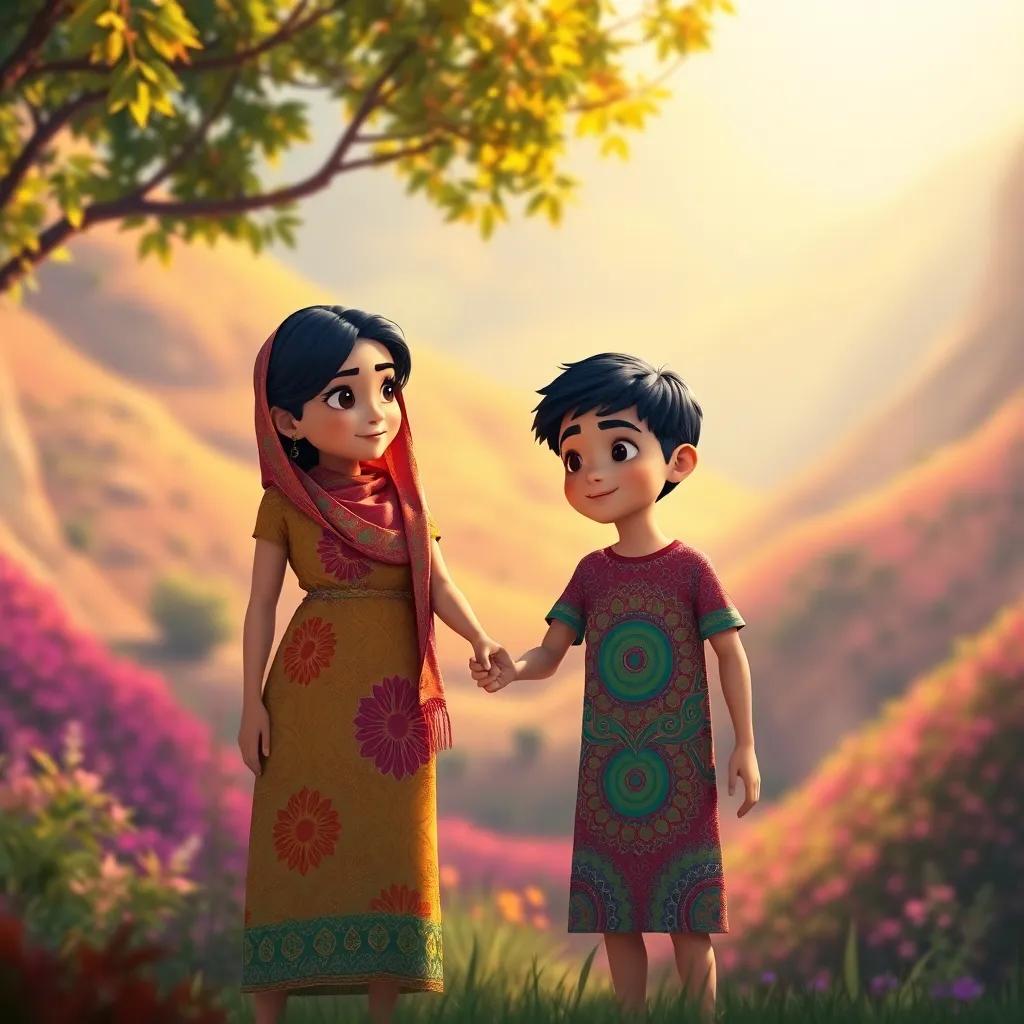 Somer, a young Arab boy with short black hair, holding hands with his mother, who is wearing a colorful dress, standing in a vibrant valley, learning about nature's beauty, glowing sunlight filtering through the leaves, warm and inviting scene