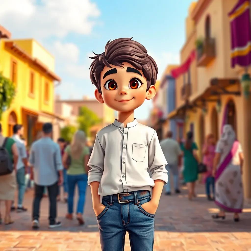 A young Arab boy, يوسف, with short, dark hair, wearing a simple white shirt and jeans, standing in a sunny village square with people gathering around him, bright colors, cheerful atmosphere, digital art, vibrant