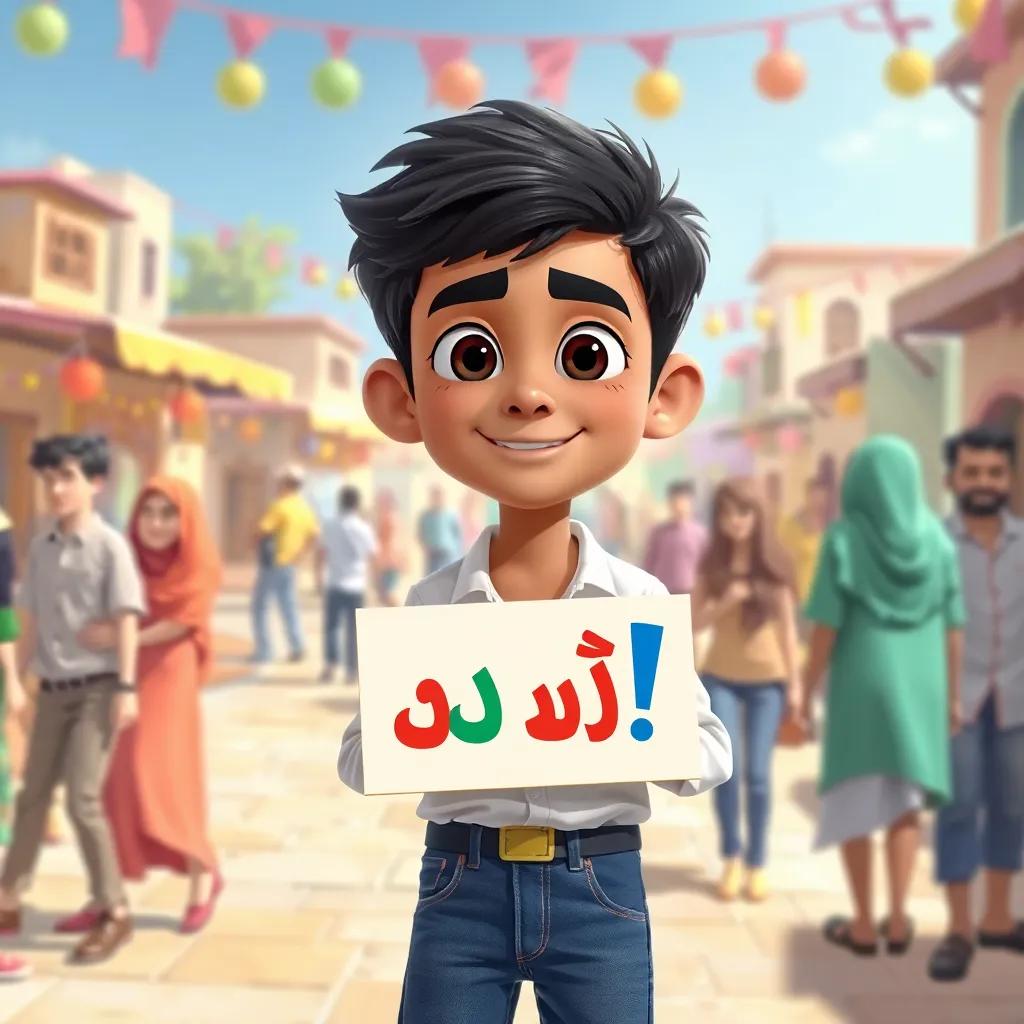 يوسف, a young Arab boy with short dark hair, wearing a white shirt and jeans, holding a colorful sign that says 'نريد العدالة!' surrounded by friends in a lively village square, lively colors, hopeful vibe, illustration