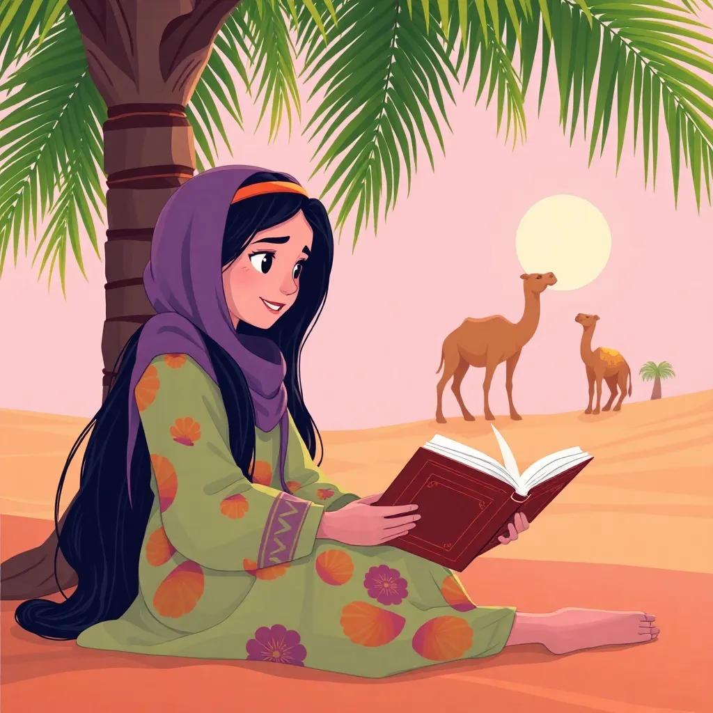An Emirati girl, Layla, with long black hair in a colorful abaya, sitting under a palm tree, listening intently to her grandmother telling stories about a magical camel in the desert, illustration, cheerful, adventure-themed, child-friendly
