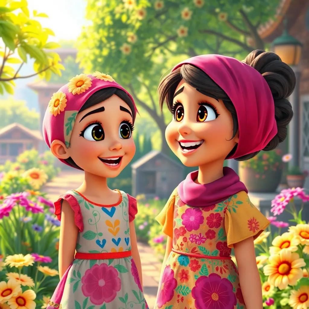 A young girl, Noura, with bright eyes and a big smile, wearing a colorful dress, talking excitedly with her best friend, Leila, in a sunny village filled with flowers and trees, vibrant colors, cheerful atmosphere, high quality