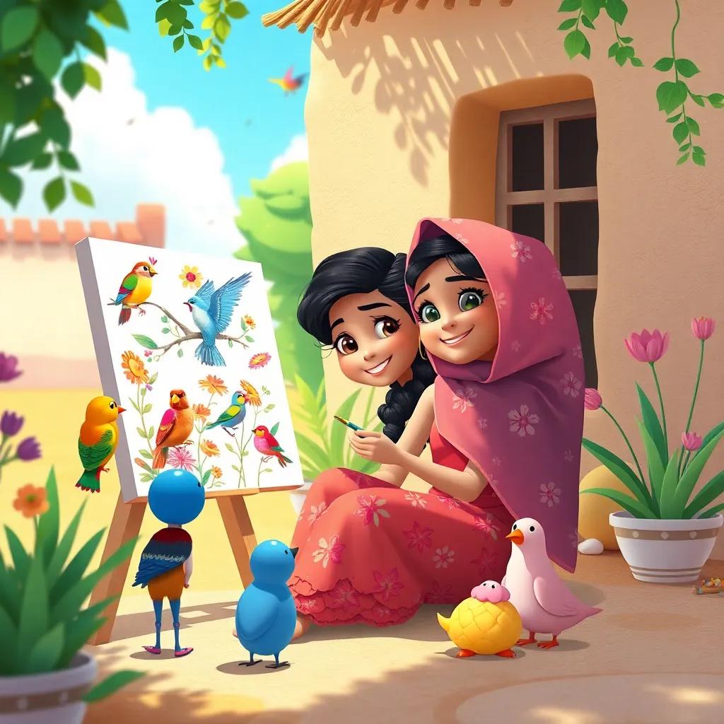 Noura, a young girl with a passion for art, sitting in a sunny corner of her village, painting colorful birds and flowers on a canvas, with her friends watching and cheering her on, lively colors, joyful scene, high quality