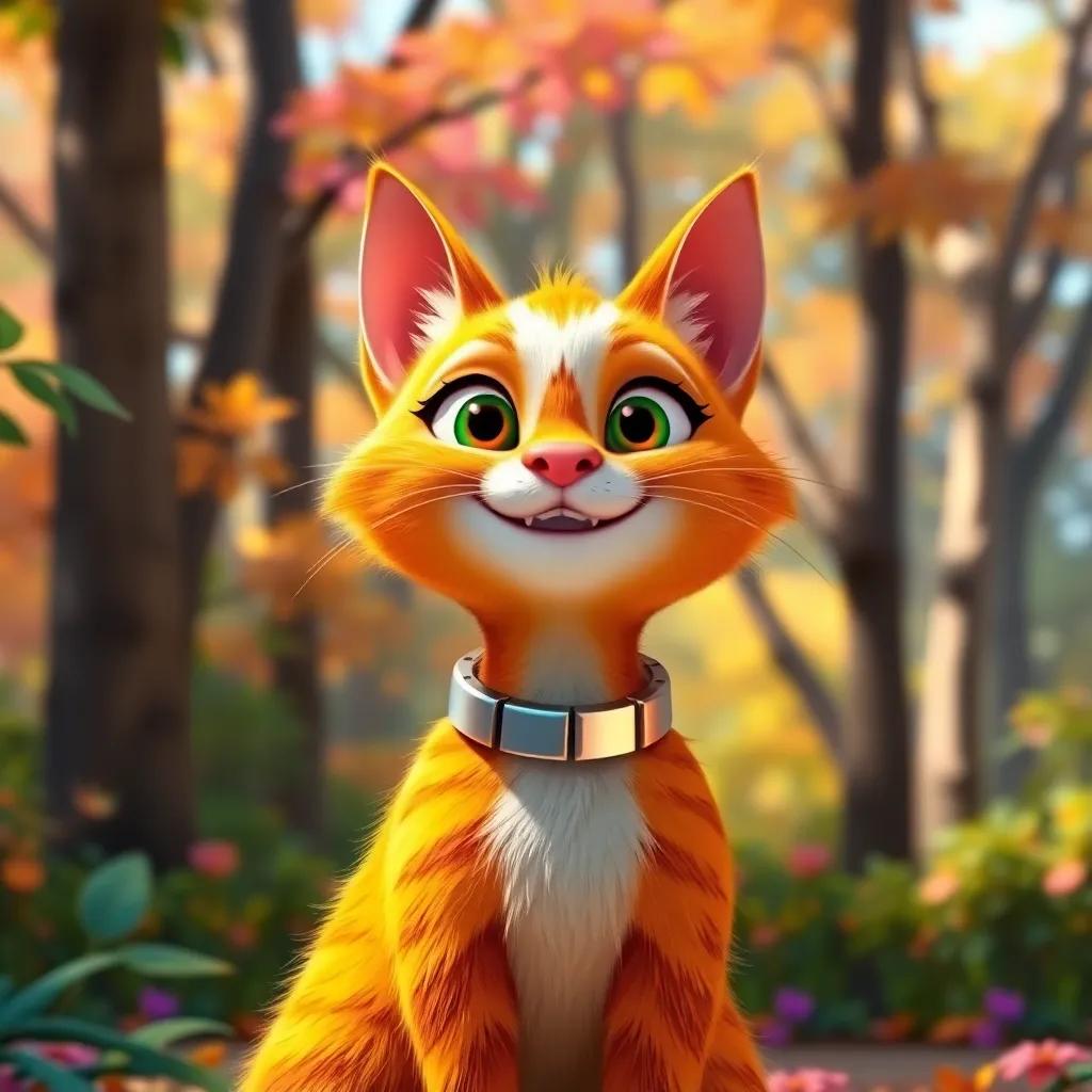 A proud cat named Lucy, with bright fur and shiny collar, standing confidently in a colorful forest, smiling and boasting about her speed, cheerful atmosphere, vibrant colors, high quality