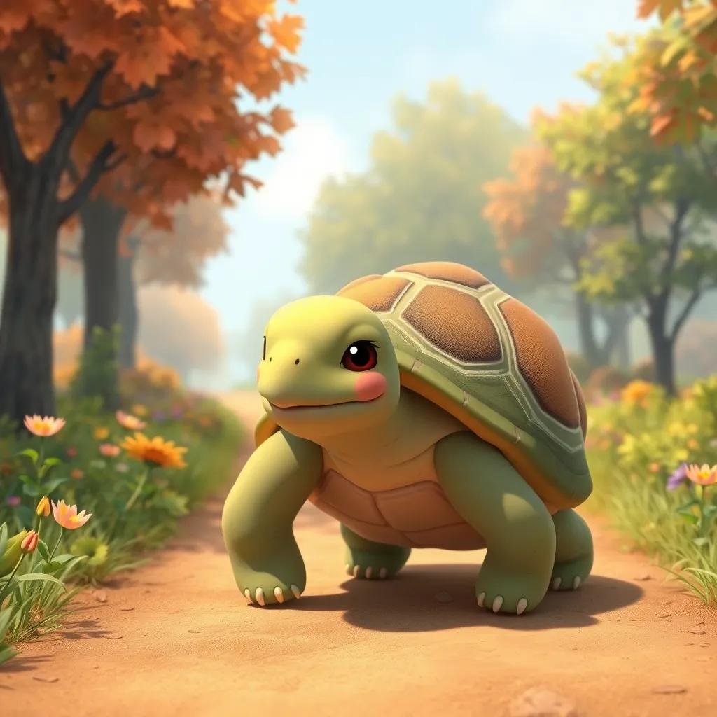 A wise turtle named Sara, with a gentle smile and patches on her shell, moving slowly on a path, surrounded by trees and flowers, peaceful scene, warm colors, heartwarming perspective, high quality