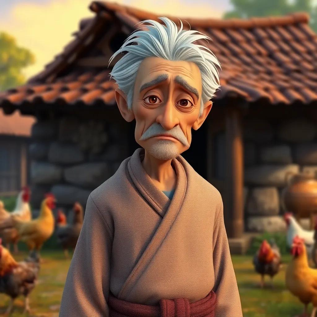 An old man with gray hair wearing a simple robe, standing in front of a small village house, looking sad and worried, with chickens in the background, digital art, warm colors, inviting atmosphere, high quality