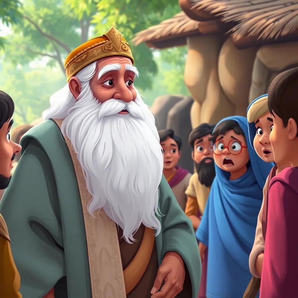 A wise old man, the village Sheikh with a long white beard, wearing a traditional robe, speaking to the villagers gathered around him, with their faces showing curiosity and surprise, digital painting, vibrant colors, engaging scene, high quality