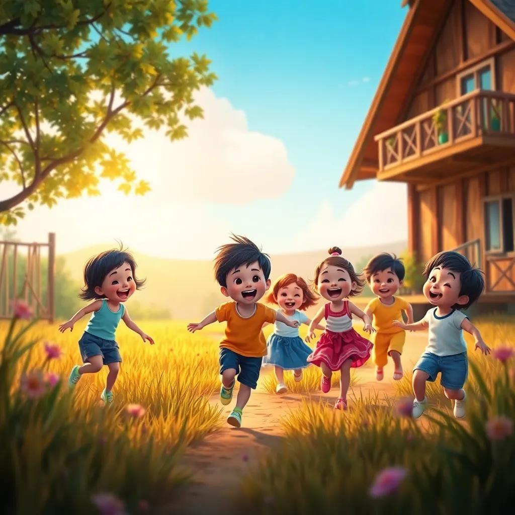 A group of playful children in a quiet village field, laughing and running around, digital art, warm light, vibrant colors, cheerful atmosphere, high quality