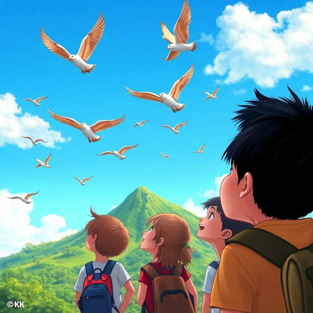 Children observing birds flying in the blue sky over a green mountain, excitement on their faces, digital illustration, bright colors, adventurous vibe, detailed