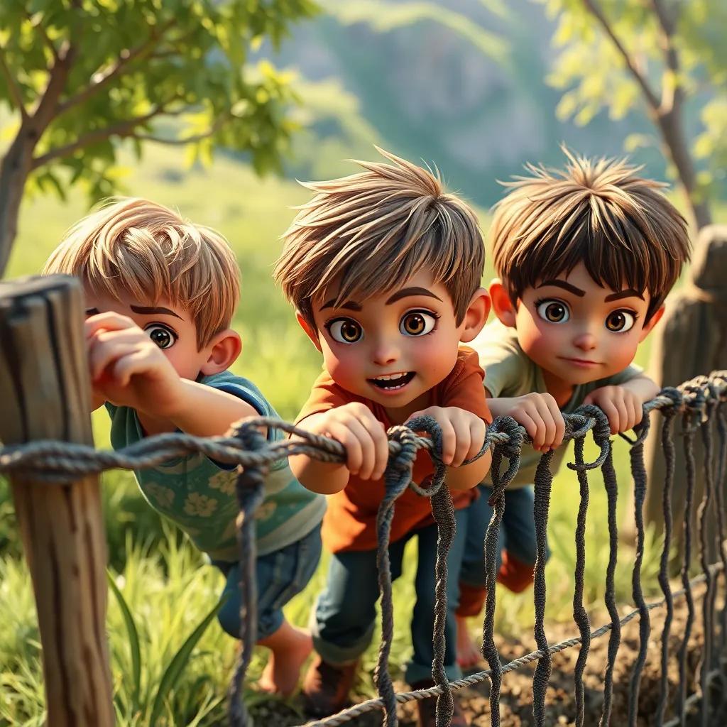 A close-up of brave children climbing over a weak fence, determination on their faces, nature surrounding them, beautiful background, digital artwork, clear details, engaging perspective