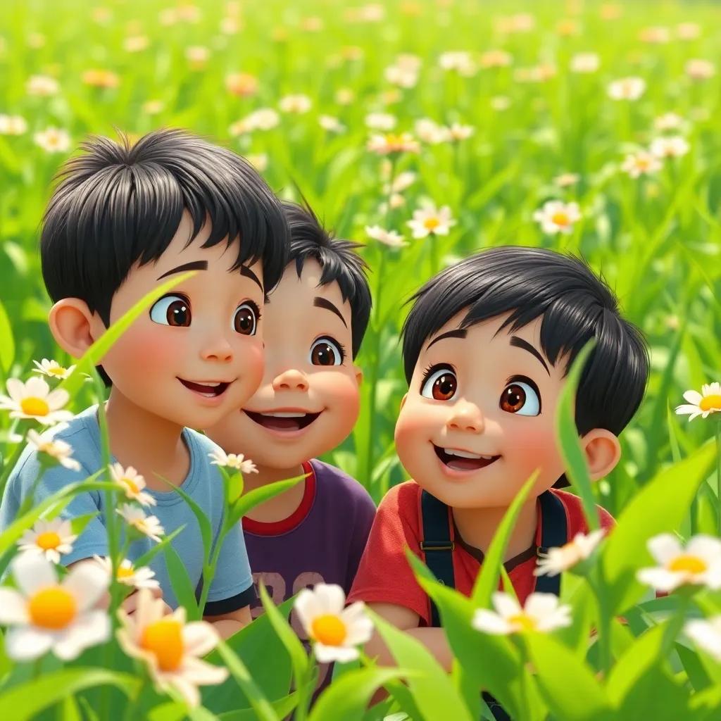 Children gazing at bright green crops, flowers blooming around, with expressions of wonder and excitement, bright colors, cheerful atmosphere, high quality
