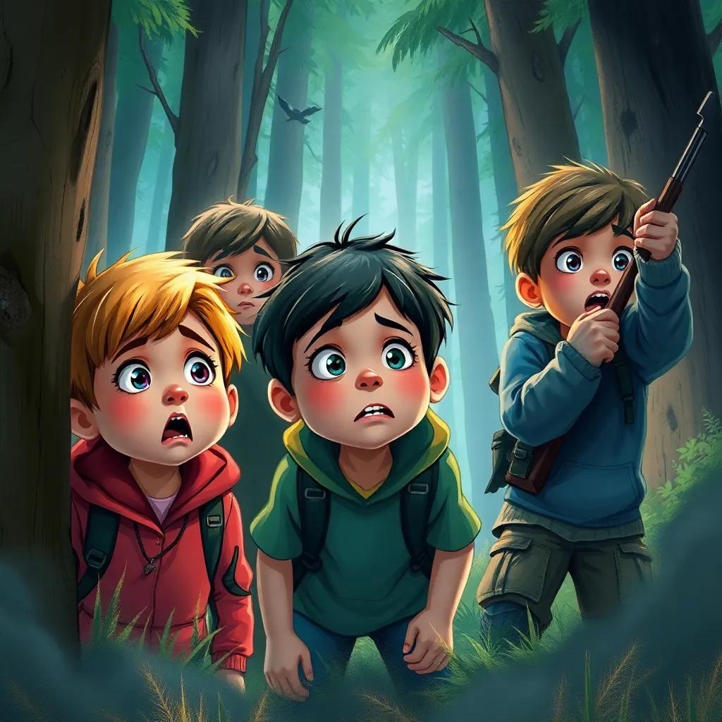 Children startled by noise from hunters, fear and concern on their faces, forest scene, digital drawing, energetic colors, dramatic feeling, detailed