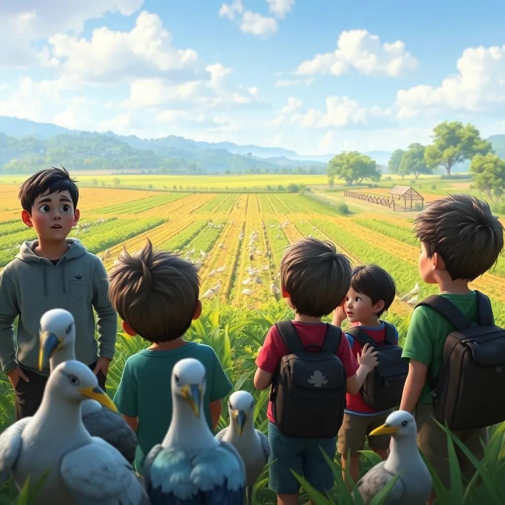 A group of children heroically watching over a field to protect the birds from hunters, determined expressions, lush farming background, brilliant colors, hopeful ambiance, intimate view, inspiring