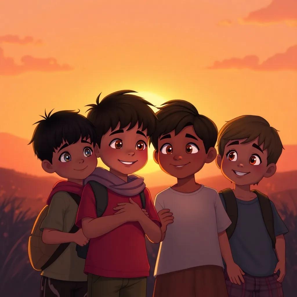 Children sharing lessons learned on their way back home, camaraderie and friendship glowing in their eyes, sunset background, warm colors, heartwarming scene, high quality