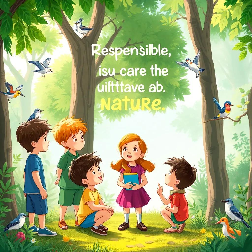 Children discussing responsibility and care for nature, surrounded by trees and birds, bright illustrations, motivational vibe, detailed, engaging perspective