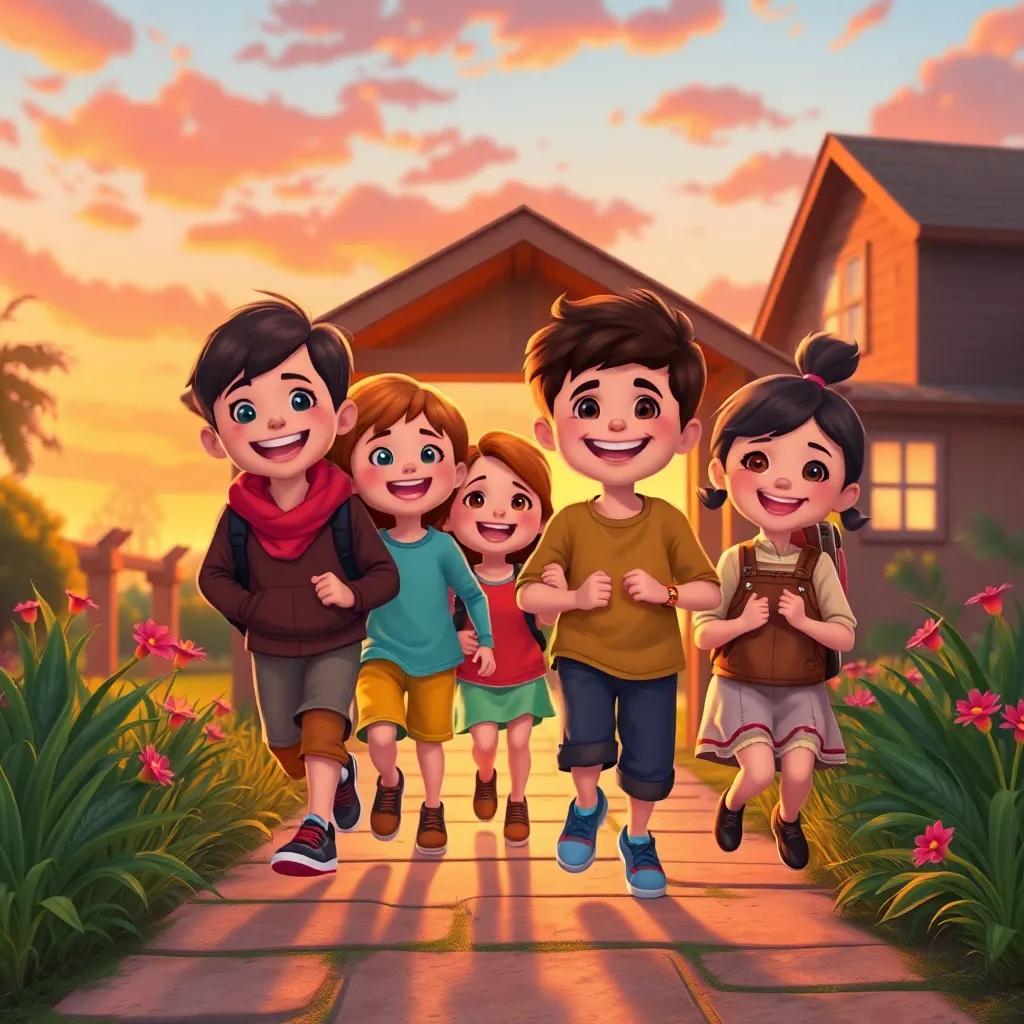 A warm scene of children arriving home, joyful atmosphere with sunset colors, feeling of accomplishment, bright and happy imagery, vibrant art, cheerful conclusion