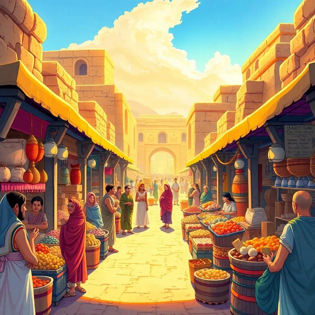 A bustling ancient market in Mesopotamia, bright colors, traders selling various goods, lively atmosphere with people chatting and bargaining, vivid details, warm sunlight illuminating the scene, digital art, high quality