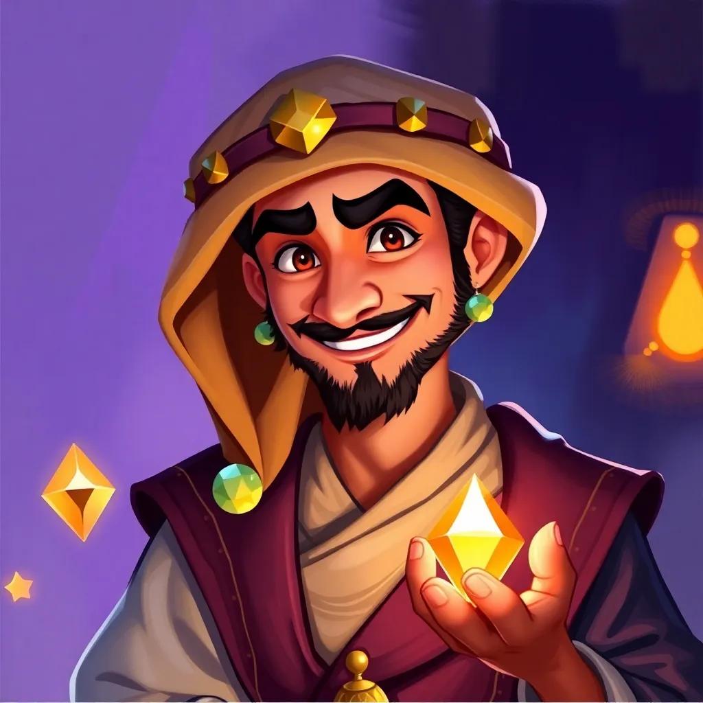A cunning merchant named Aziz, middle-eastern appearance, a confident smile, wearing a traditional tunic, looking at the sparkling jewels with a sly expression, digital painting, colorful, intriguing, fantasy