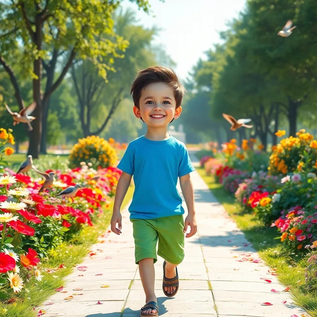 Sami, a cheerful boy, wearing a bright blue t-shirt and green shorts, walking happily in a vibrant park filled with flowers and birds, smiling and enjoying the sunlight, digital art, bright colors, inviting atmosphere, high quality