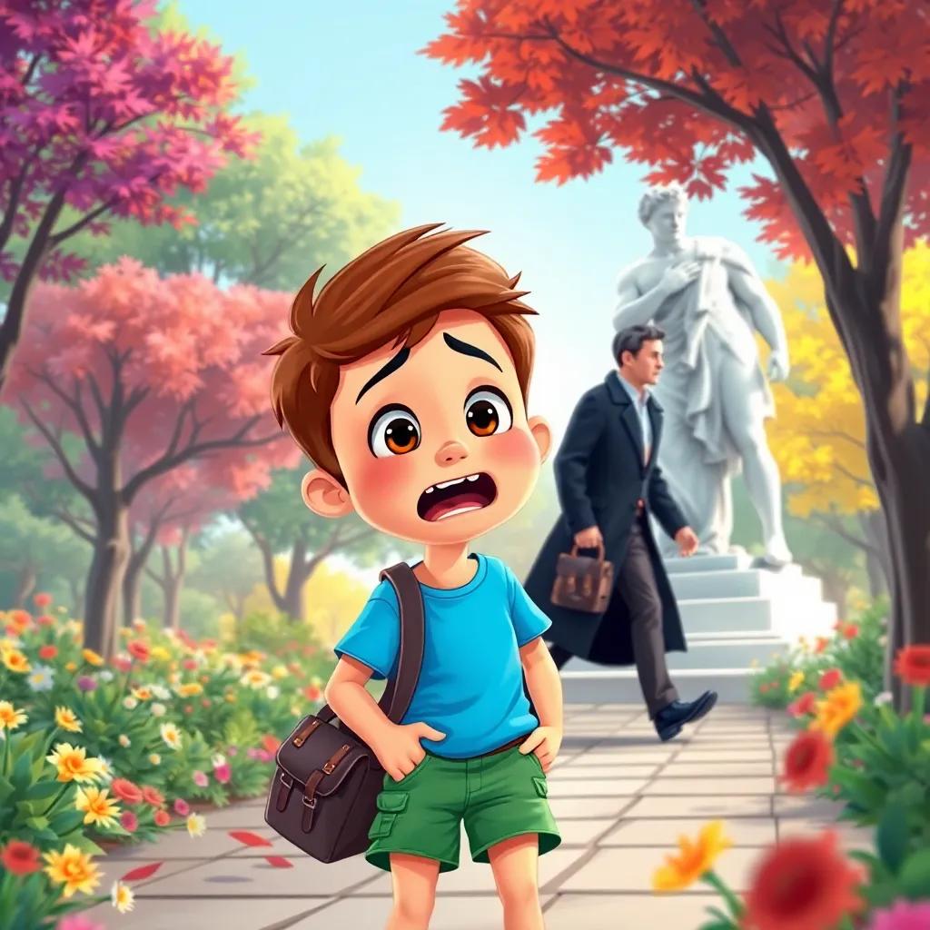 Sami, a cheerful boy, with short brown hair, wearing a bright blue t-shirt and green shorts, looking worried while shouting for help as a man in a dark coat runs away with his bag, surrounded by colorful trees and flowers, illustration, action scene, child-friendly, high quality