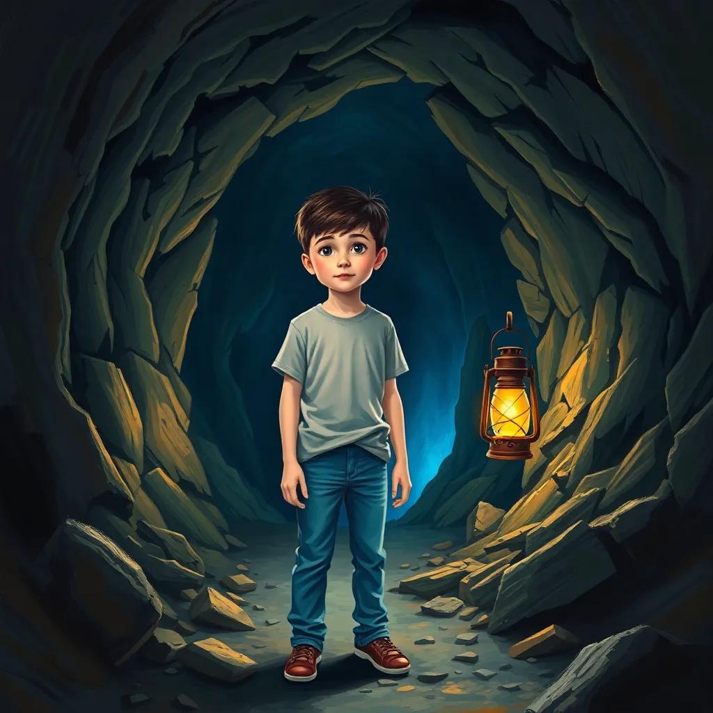 A young boy, Adam, with short dark hair wearing a simple t-shirt and jeans, standing at the entrance of a dark cave with a glimmering blue light emerging from it, an old lantern in his hand, rocky terrain, mysterious atmosphere, detailed digital art