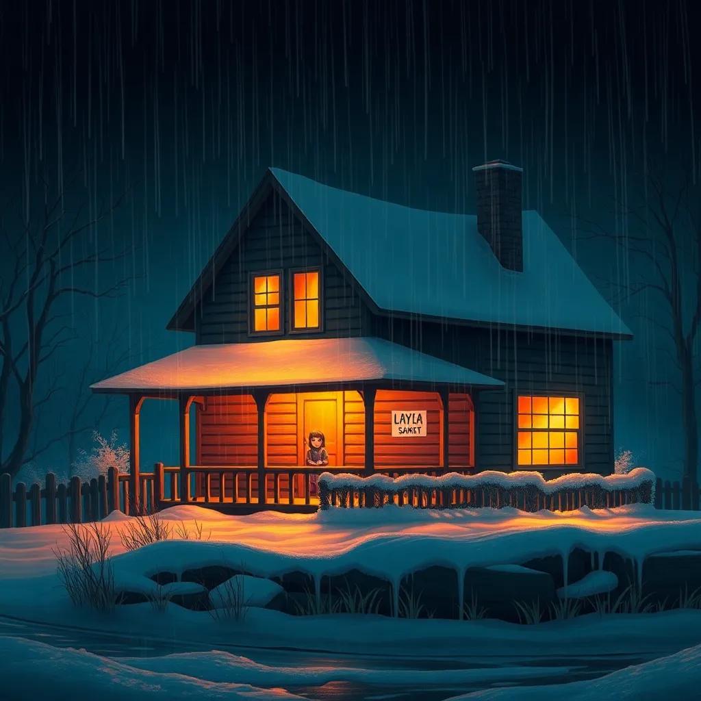 A dark winter night scene with a cozy old farmhouse, rain falling heavily, a young girl named Layla sitting by the window with a worried expression, digital art, warm colors contrasting the dark, inviting yet eerie atmosphere, high quality