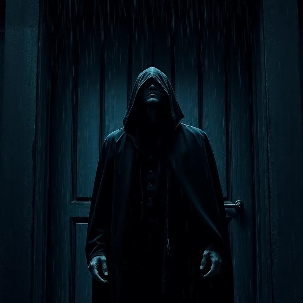 A tall man with a covered face standing in front of an old wooden door, rain pouring around him, wearing a black cloak, looking desperate yet mysterious, digital art, dark colors, dramatic lighting, tense atmosphere, high quality