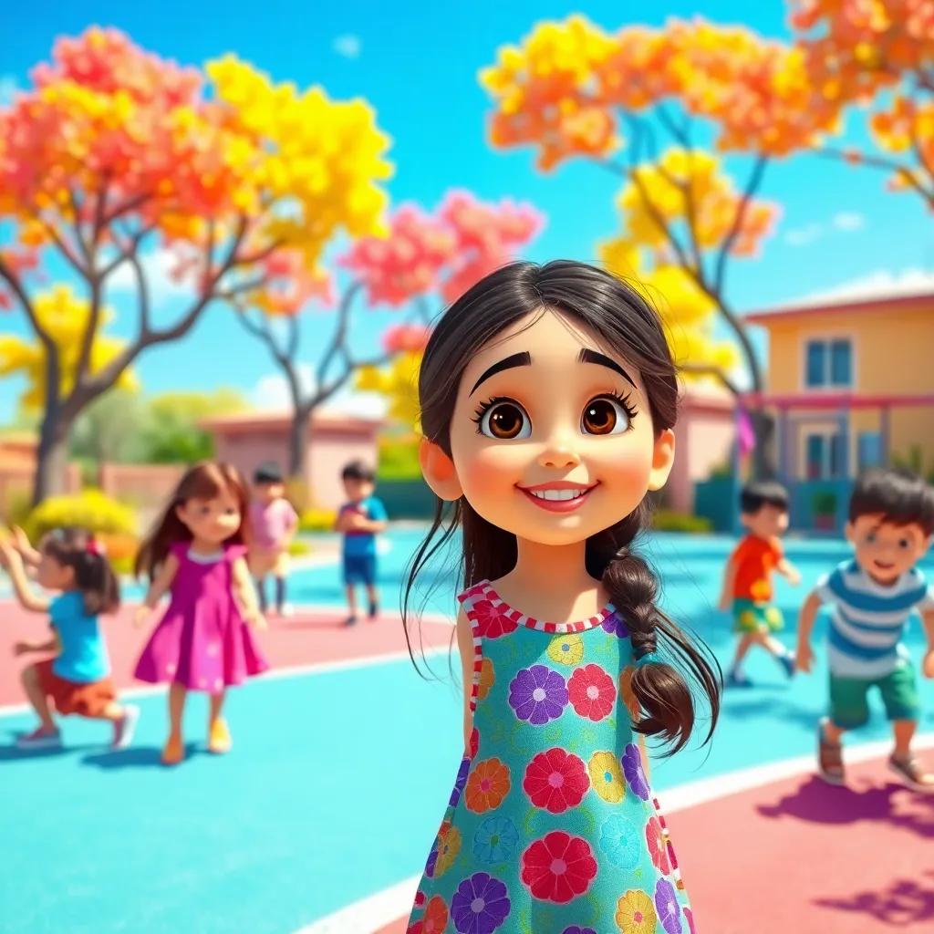 A bright and sunny school playground, children playing and laughing, a young Arab girl with long dark hair and wearing a colorful dress looking curious, colorful trees and blue sky in the background, vibrant digital art, warm colors, cheerful atmosphere, high quality
