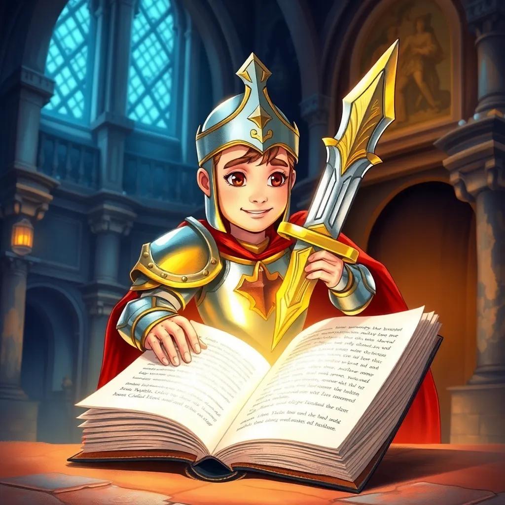 A brave knight, Helicas, with shiny armor and a gleaming sword, carefully opening the pages of a large book, magical light glowing from the book, in a majestic castle interior, illustration, detailed, adventurous theme, child-friendly