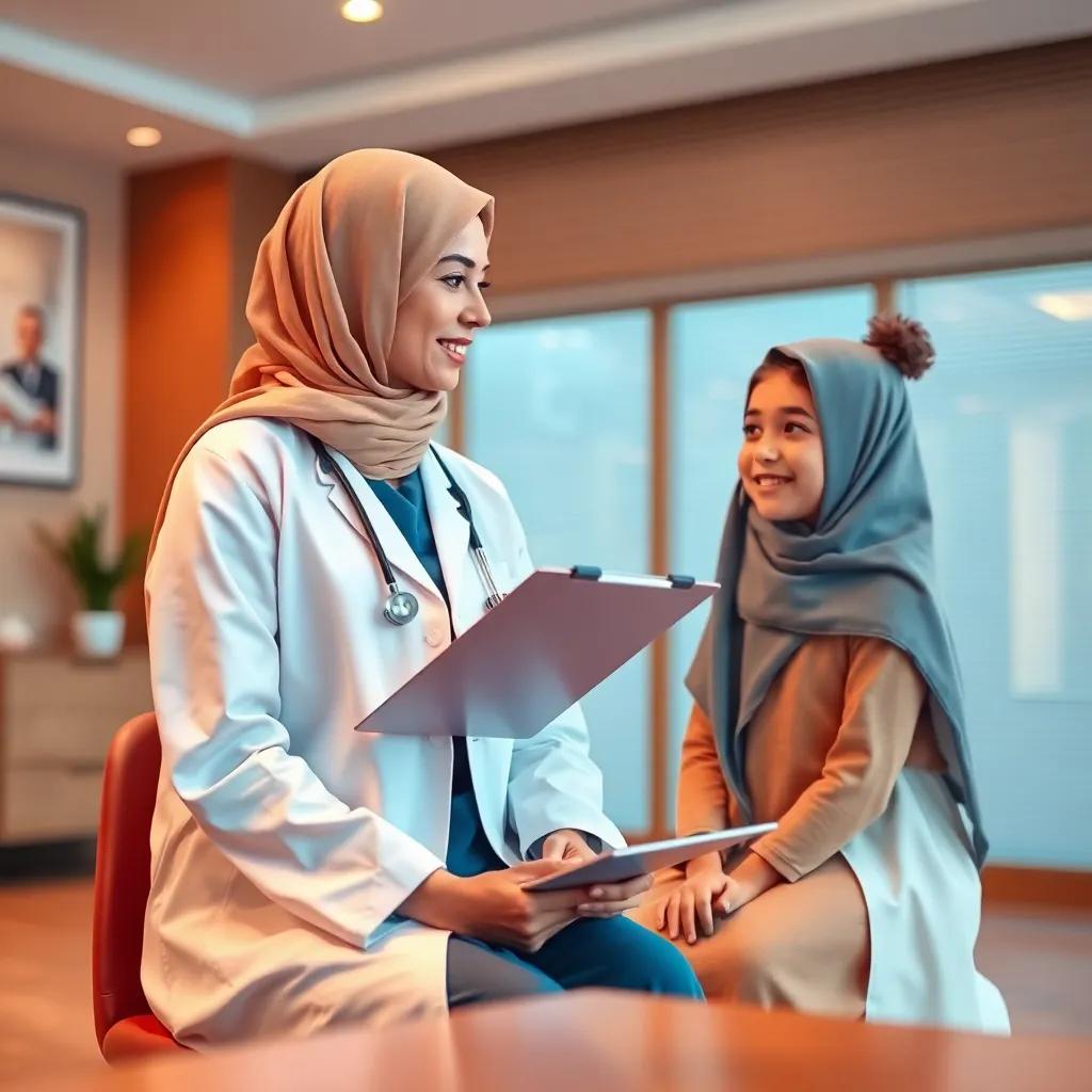 A female Arab doctor, in her 30s, wearing a white lab coat and holding a clipboard, sitting with a young Arab girl, Meryam, in a bright consultation room, digital art, warm colors, inviting atmosphere, high quality