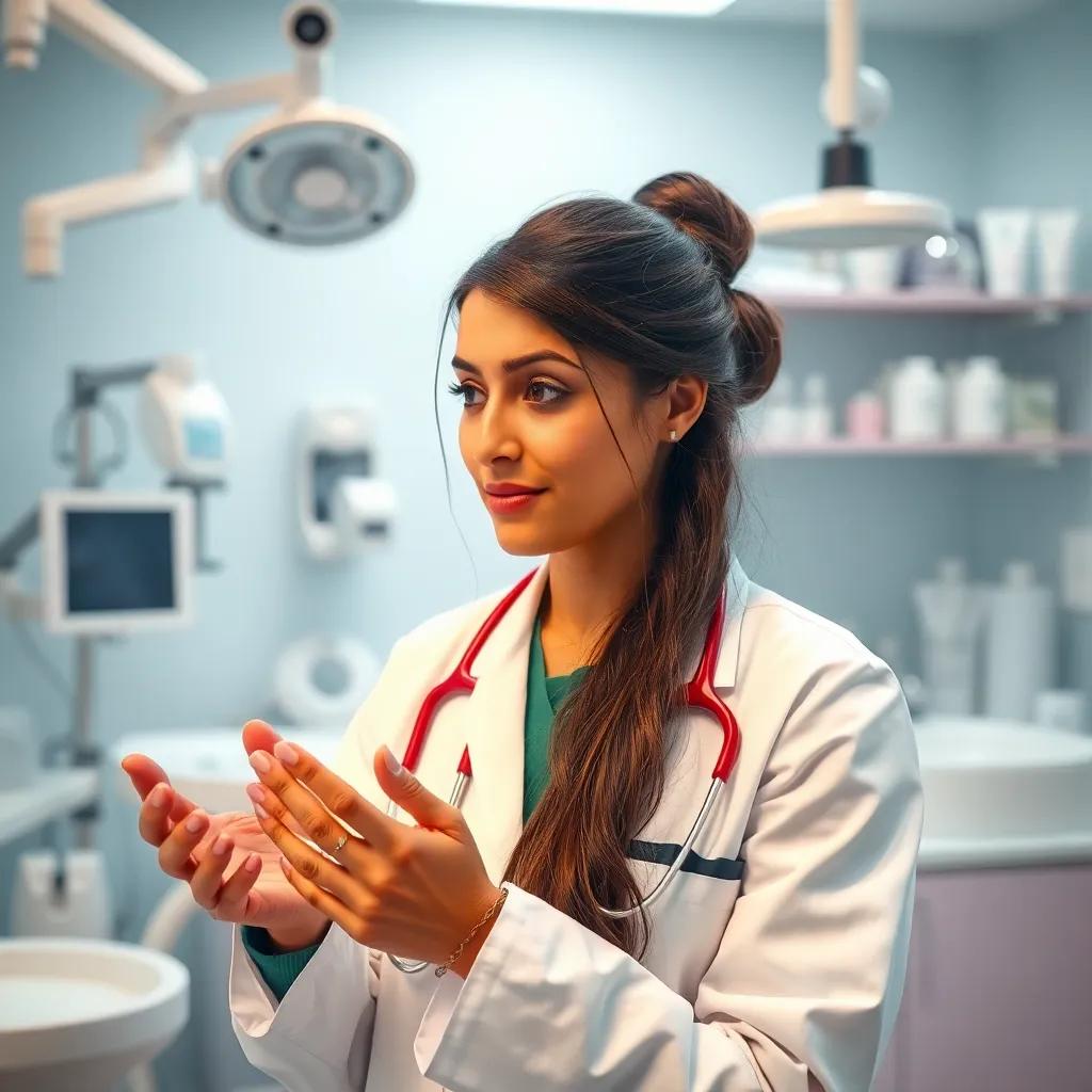 An Arab female doctor, with long hair in a bun, showing care and professionalism, discussing skincare, surrounded by medical equipment and soothing decor, bright lighting, vibrant colors, storytelling view, high quality
