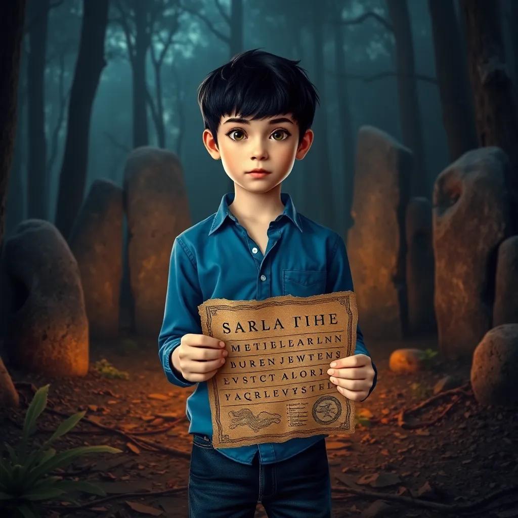 A young boy, Sami, with short black hair, wearing a blue shirt and jeans, standing in front of ancient stones in a dark forest, holding an old map with strange letters, digital art, mysterious atmosphere, rich colors, inviting perspective, high quality