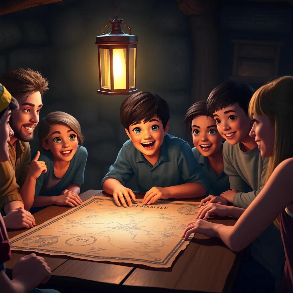 Sami, a young boy with short black hair in a blue shirt and jeans, excitedly gathering with friends around a table with a large treasure map, illuminated by lantern light, cozy ambiance, warm tones, storytelling mood, high quality