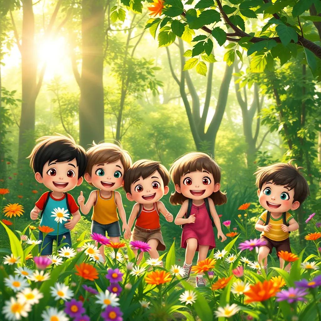 A group of cheerful children exploring a sunny forest, excited and curious, colorful flowers around them, lush greenery, bright sun rays filtering through the leaves, digital art, vibrant colors, lively atmosphere, magical feel