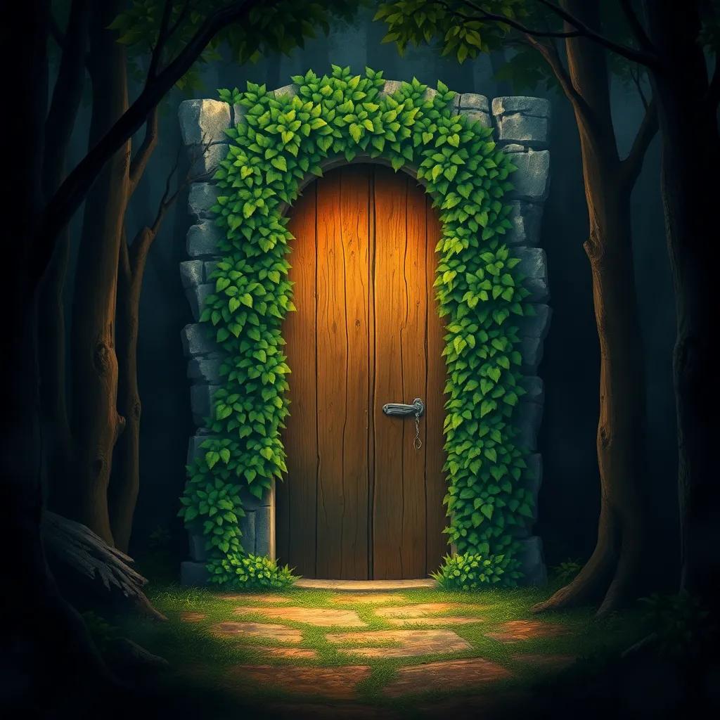 A hidden door covered with ivy, wooden and old, standing in a mysterious place surrounded by trees, inviting look, digital painting, warm light, enchanting vibe
