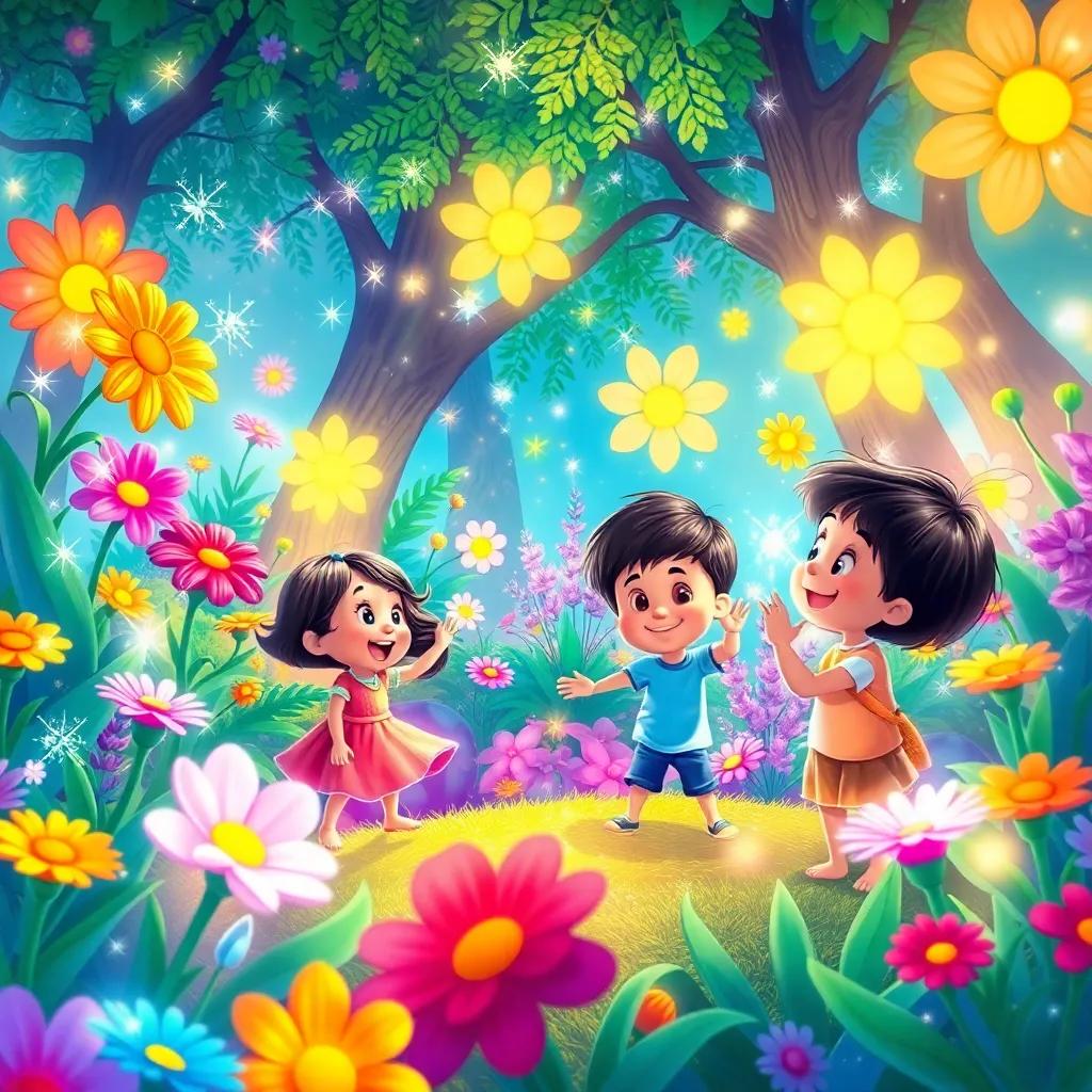 A magical garden filled with sparkling flowers, dancing colors, and whimsical plants, children joyfully discovering the vibrant beauty, bright and colorful environment, illustration, cheerful, wonder-filled